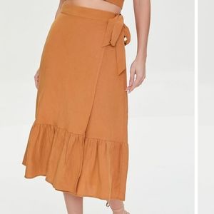 Forever 21 tan linen wrap midi flounce skirt size medium